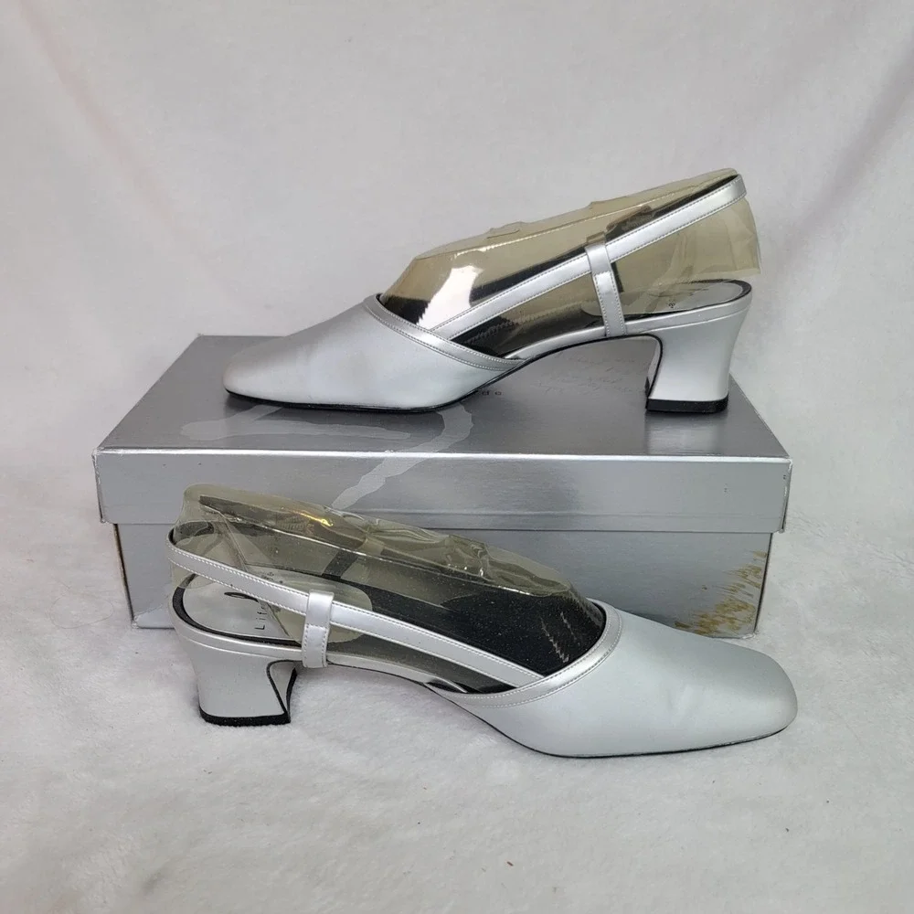 Life Stride Metallic Silver‎ Formal Heels Comfy Slingback Square Toe Size 8.5 N